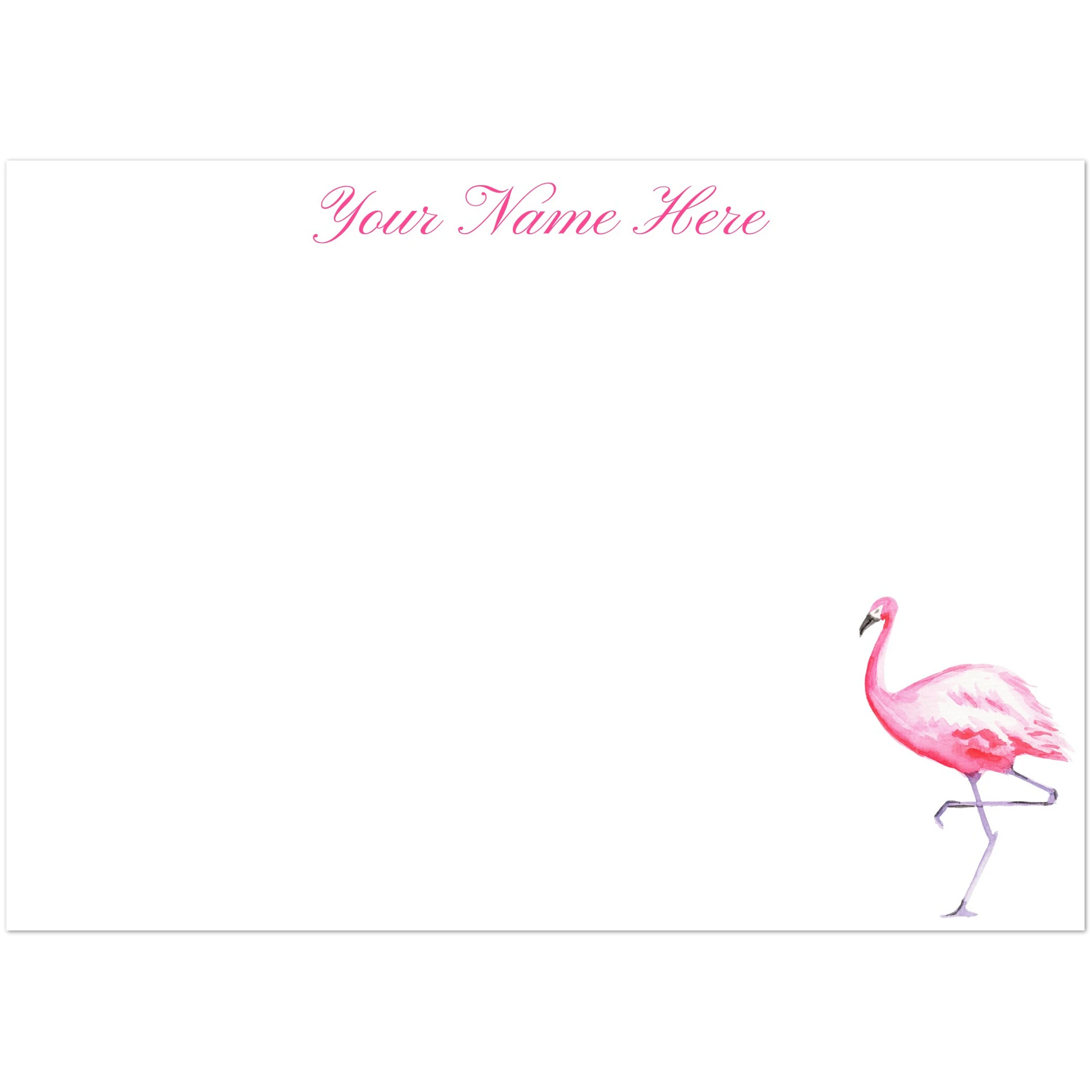 Personalized Pink Flamingo Watercolor Illustrated Flat Notecards | Set of 10 Cards & Envelopes | 2 Sizes 5R (5 x 7″)