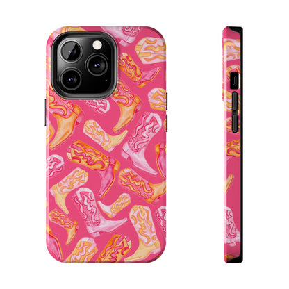 Tossed Hot Pink & Orange Watercolor Cowboy Boots Hot Pink Tough Phone Cases | Various Models iPhone 13 Pro