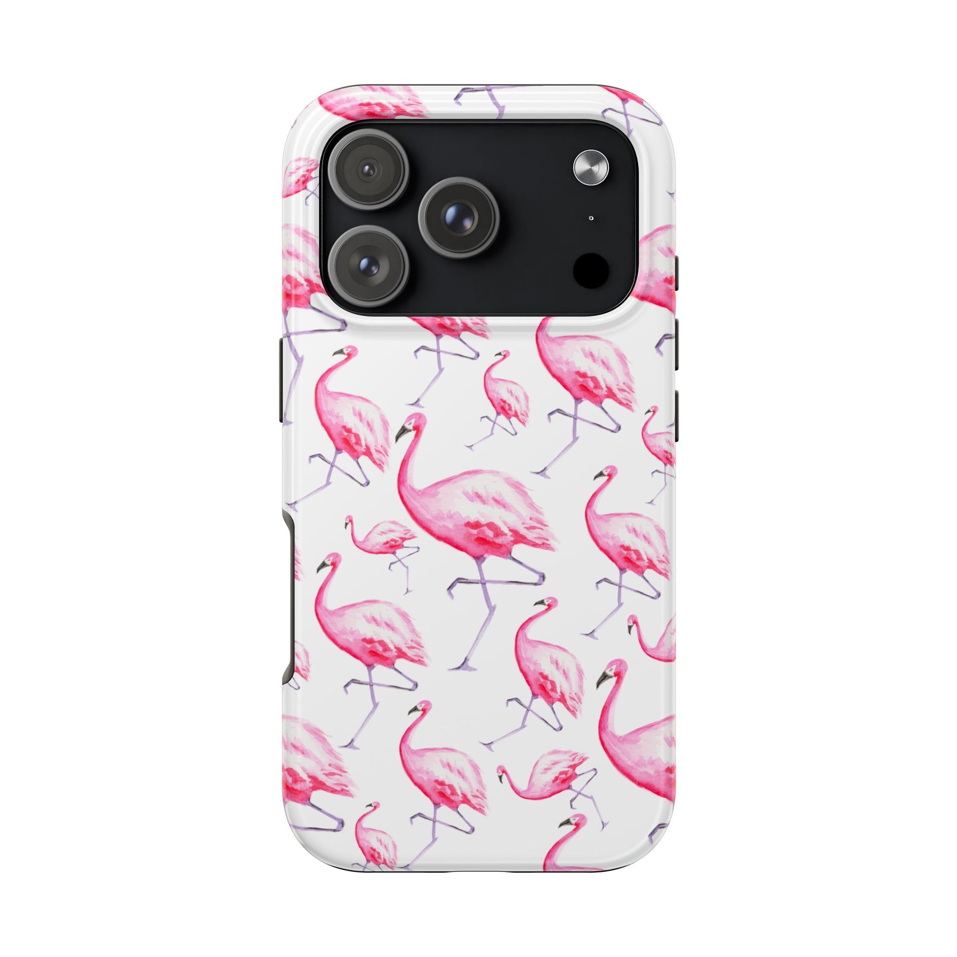 Hot Pink Flamingos Watercolor Illustrated Tossed Pattern Phone Case | Various Models iPhone 17 Pro