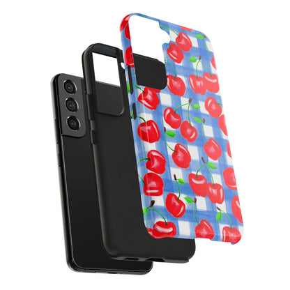 Tossed Red Cherries Blue Gingham Checkered Watercolor Illustrated Tough Phone Case | Various Models