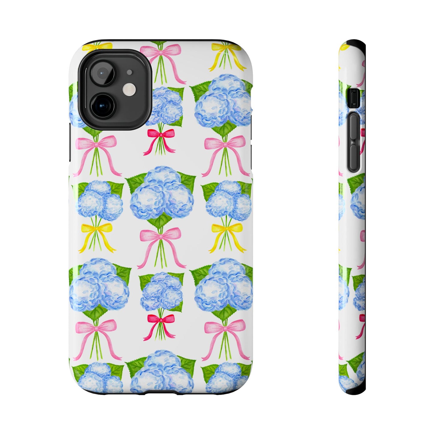 Blue Hydrangeas with Hot Pink, Yellow, Light Pink Bows Watercolor Illustrated Patterned Tough Phone Case | Various Models