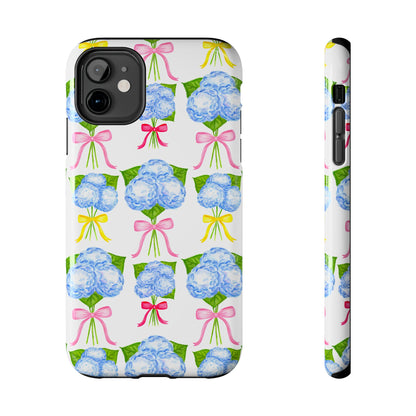 Blue Hydrangeas with Hot Pink, Yellow, Light Pink Bows Watercolor Illustrated Patterned Tough Phone Case | Various Models