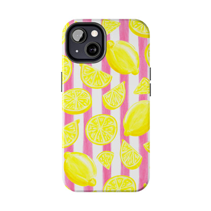 Pink Lemonade Yellow Lemons with Pink & White Watercolor Stripes Tough Phone Case