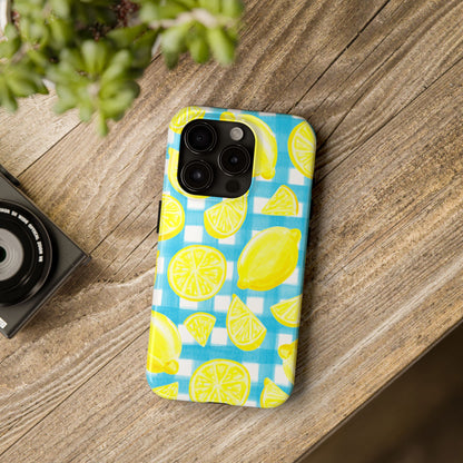 Yellow Lemons & Turquoise Gingham Watercolor Illustrated Tough Phone Case | Various Models Available