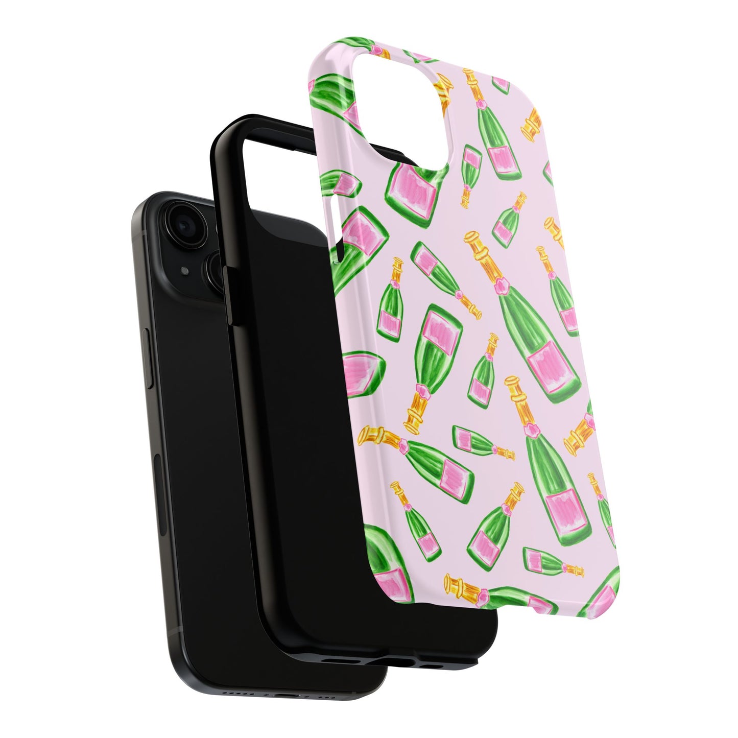 Tossed Pink and Green Watercolor Illustrated Champagne Bottles Pattern Blush Pink Tough Phone Case | Various Models