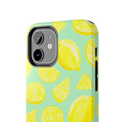 Bright Yellow Lemons Watercolor Illustrated Tossed Pattern Mint Green Tough Phone Case | Various Models