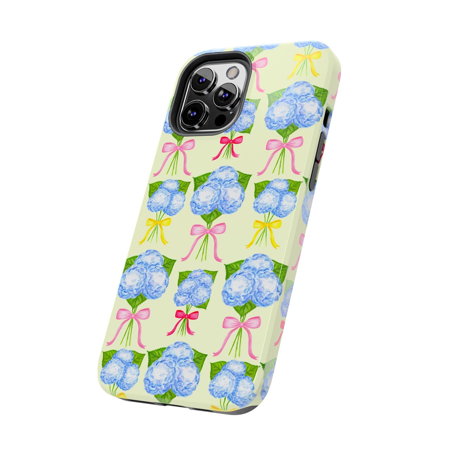 Blue Hydrangeas with Hot Pink, Yellow, Light Pink Bows Watercolor Illustrated Patterned Light Yellow Tough Phone Case | Various Models