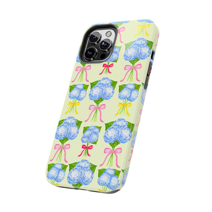 Blue Hydrangeas with Hot Pink, Yellow, Light Pink Bows Watercolor Illustrated Patterned Light Yellow Tough Phone Case | Various Models