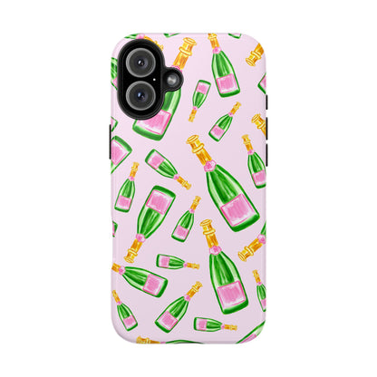 Tossed Pink and Green Watercolor Illustrated Champagne Bottles Pattern Blush Pink Tough Phone Case | Various Models