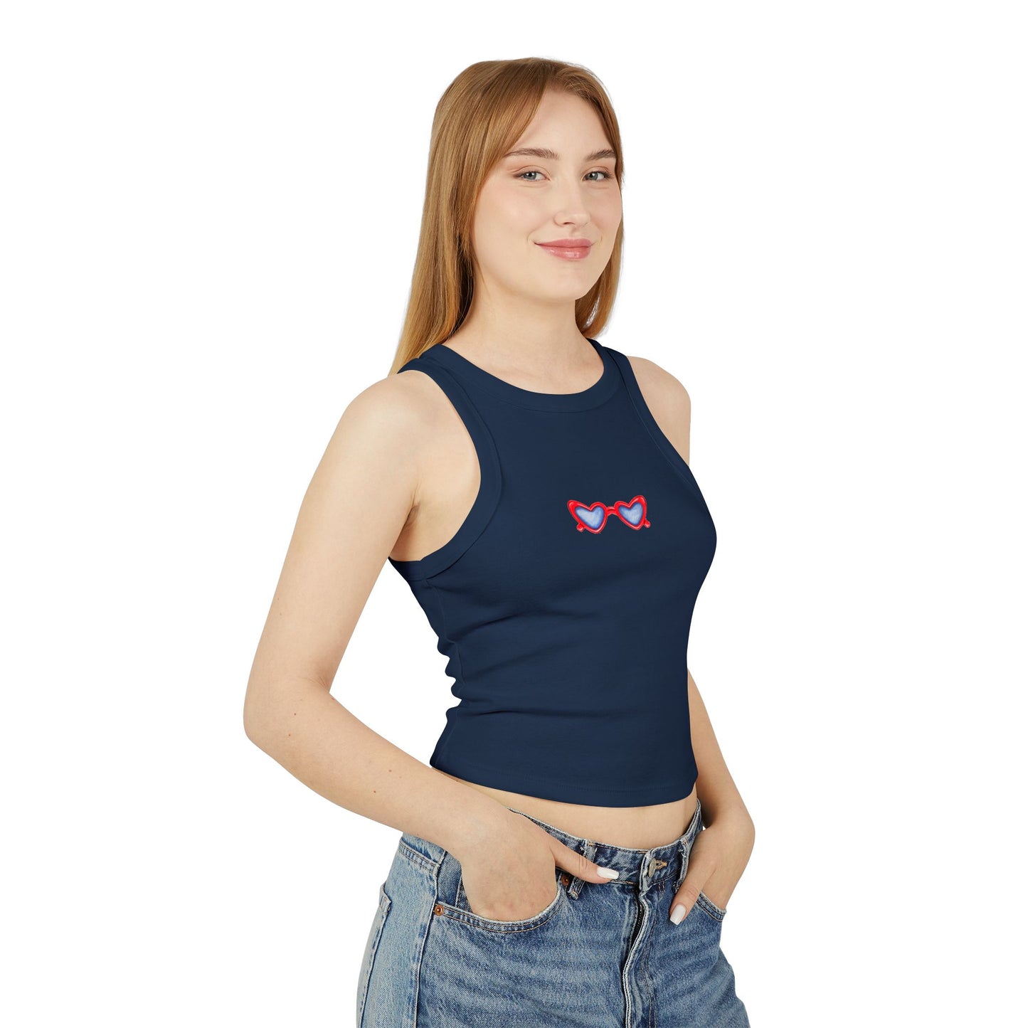 Red White & Blue Heart Shaped Glasses Printed Women's Micro Rib Racer Tank Top