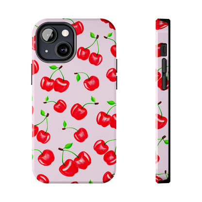 Tossed Red Watercolor Cherries Illustrated Pattern Light Pink Tough Phone Case | Various Models