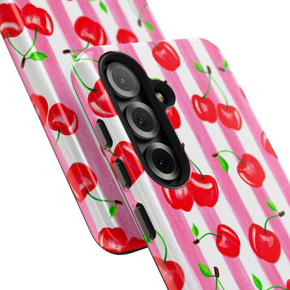 Tossed Red Watercolor Cherries Illustrated Pattern Light Pink Stripes Tough Phone Case | Various Models