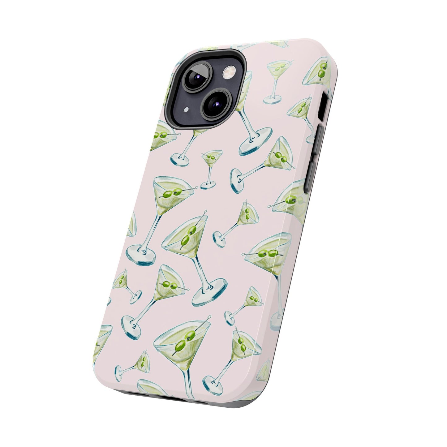 Watercolor Blue and Green Martinis Tossed Illustrated Pattern Blush Pink Tough Phone Case | Various Models