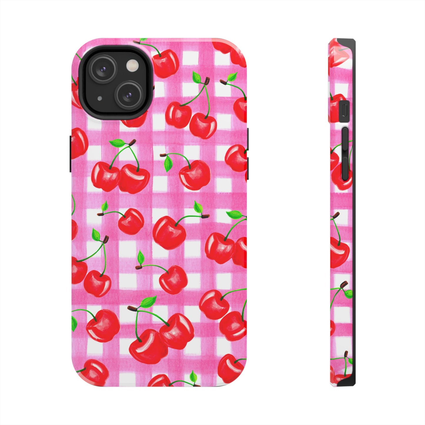 Tossed Red Watercolor Cherries Illustrated Pattern Light Pink Gingham Tough Phone Case | Various Models