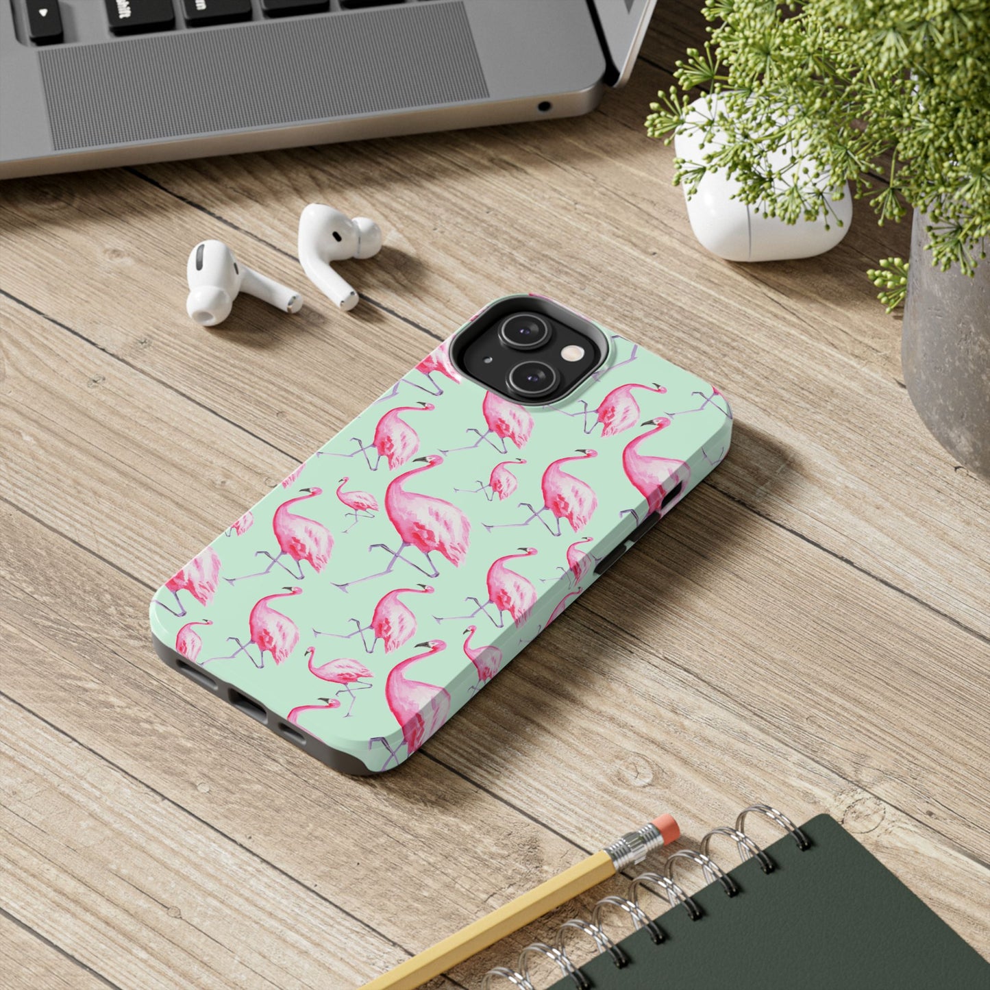 Pink Flamingos Watercolor Illustrated Tossed Pattern Green Phone Case | Various Models