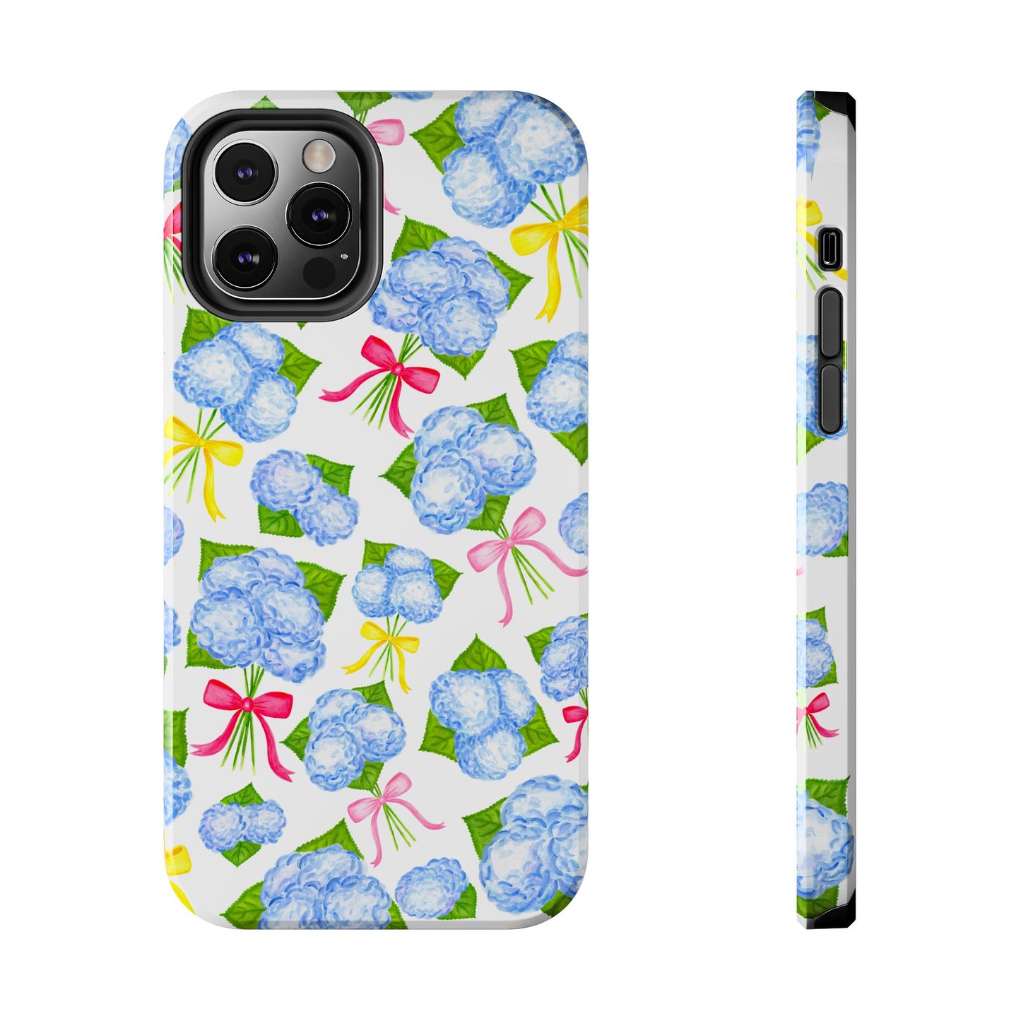 Blue Watercolor Hydrangea Bunches with Hot Pink, Yellow, Light Pink Bows Illustrated Patterned Tough Phone Case | Various Models