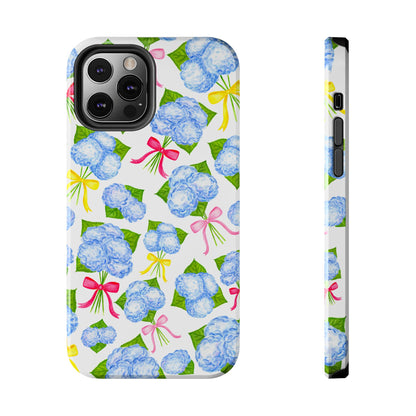 Blue Watercolor Hydrangea Bunches with Hot Pink, Yellow, Light Pink Bows Illustrated Patterned Tough Phone Case | Various Models