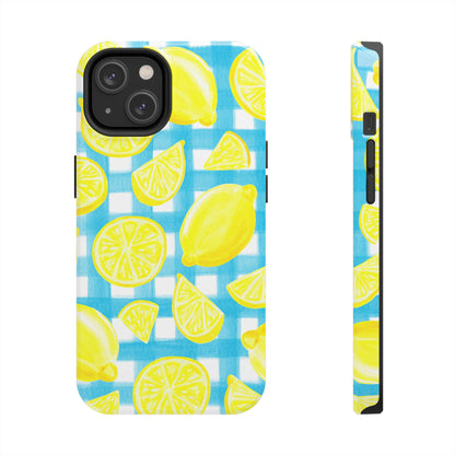 Yellow Lemons & Turquoise Gingham Watercolor Illustrated Tough Phone Case | Various Models Available