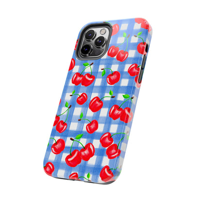 Tossed Red Watercolor Illustrated Cherries Light Blue Gingham Tough Phone Case | Various Models