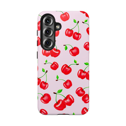 Tossed Red Watercolor Cherries Illustrated Pattern Light Pink Tough Phone Case | Various Models