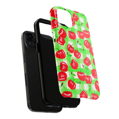 Red Tossed Cherries Green Gingham Watercolor Illustrated Tough Phone Case | Various Models Available