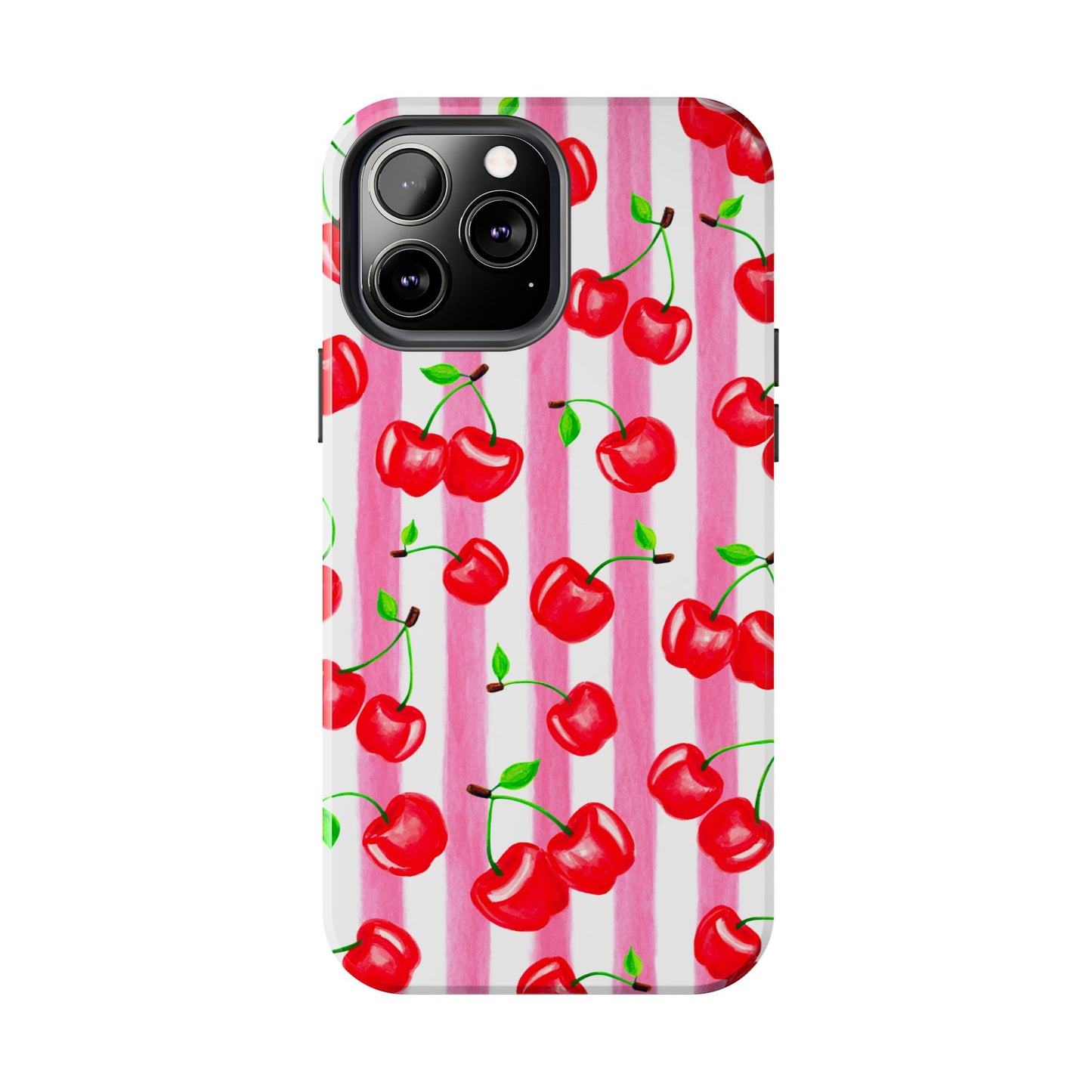 Tossed Red Watercolor Cherries Illustrated Pattern Light Pink Stripes Tough Phone Case | Various Models