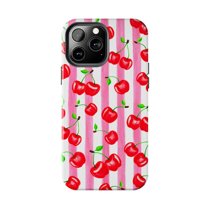Tossed Red Watercolor Cherries Illustrated Pattern Light Pink Stripes Tough Phone Case | Various Models