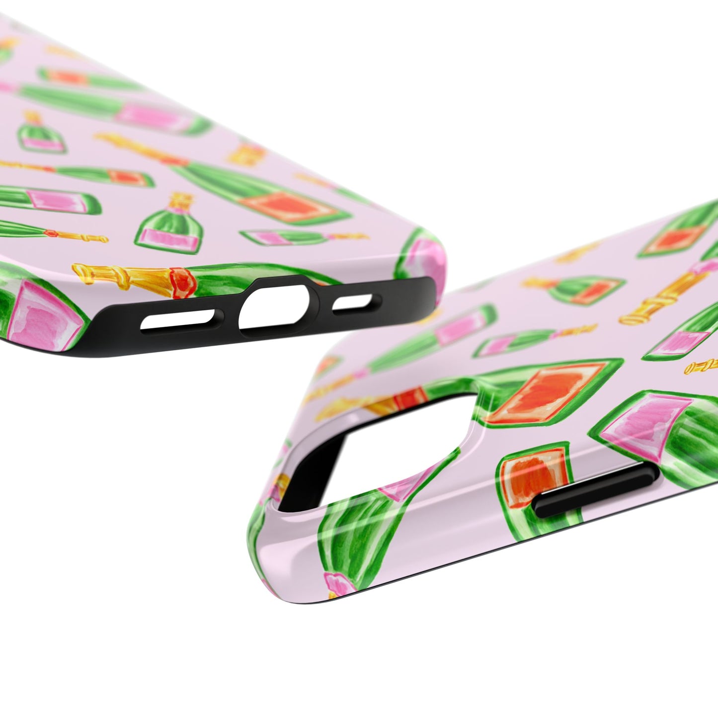 Tossed Pink and Green & Orange and Green Watercolor Illustrated Champagne Bottles Pattern Blush Pink Tough Phone Case | Various Models