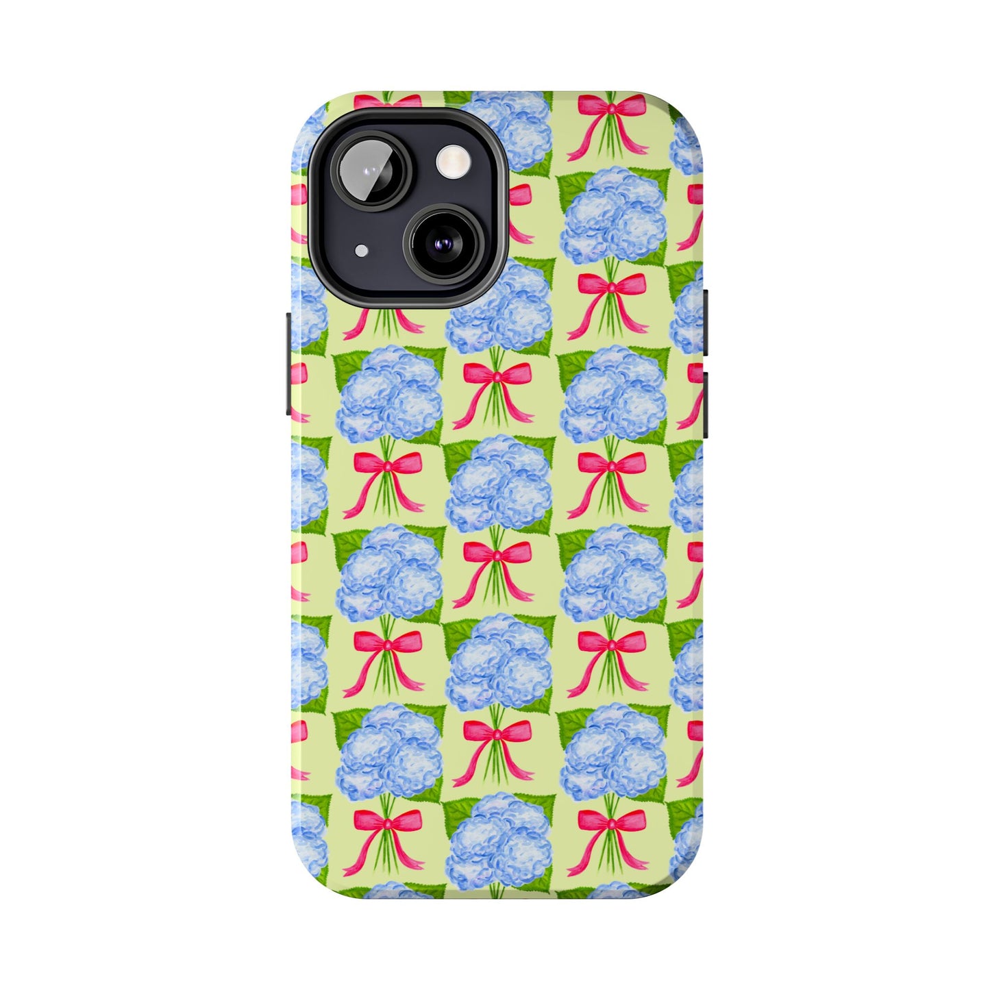 Blue Watercolor Hydrangea Bouquets with Hot Pink Bows Illustrated Patterned Yellow Preppy Grand Millenial Tough Phone Case | Various Models