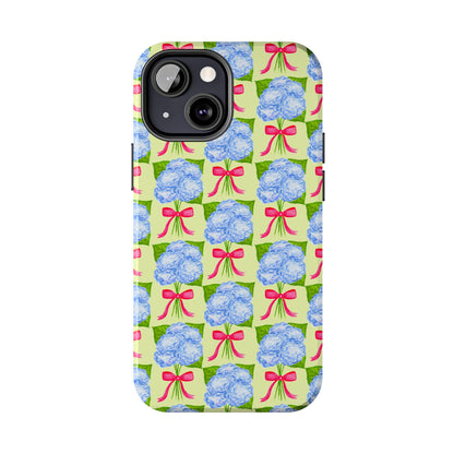 Blue Watercolor Hydrangea Bouquets with Hot Pink Bows Illustrated Patterned Yellow Preppy Grand Millenial Tough Phone Case | Various Models