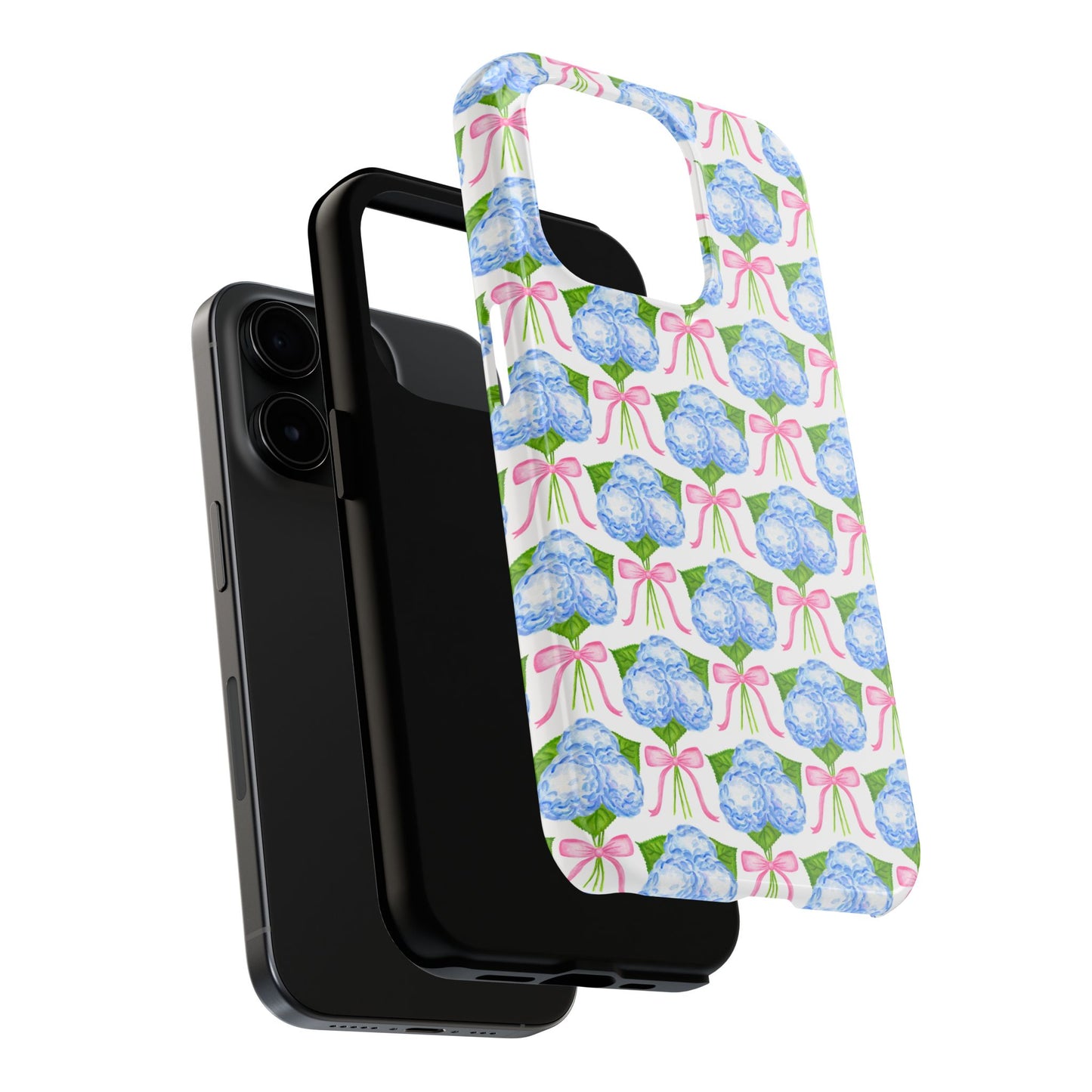 Blue Watercolor Hydrangea Bouqets with Light Pink Bows Watercolor Illustrated Patterned Tough Phone Case | Various Models