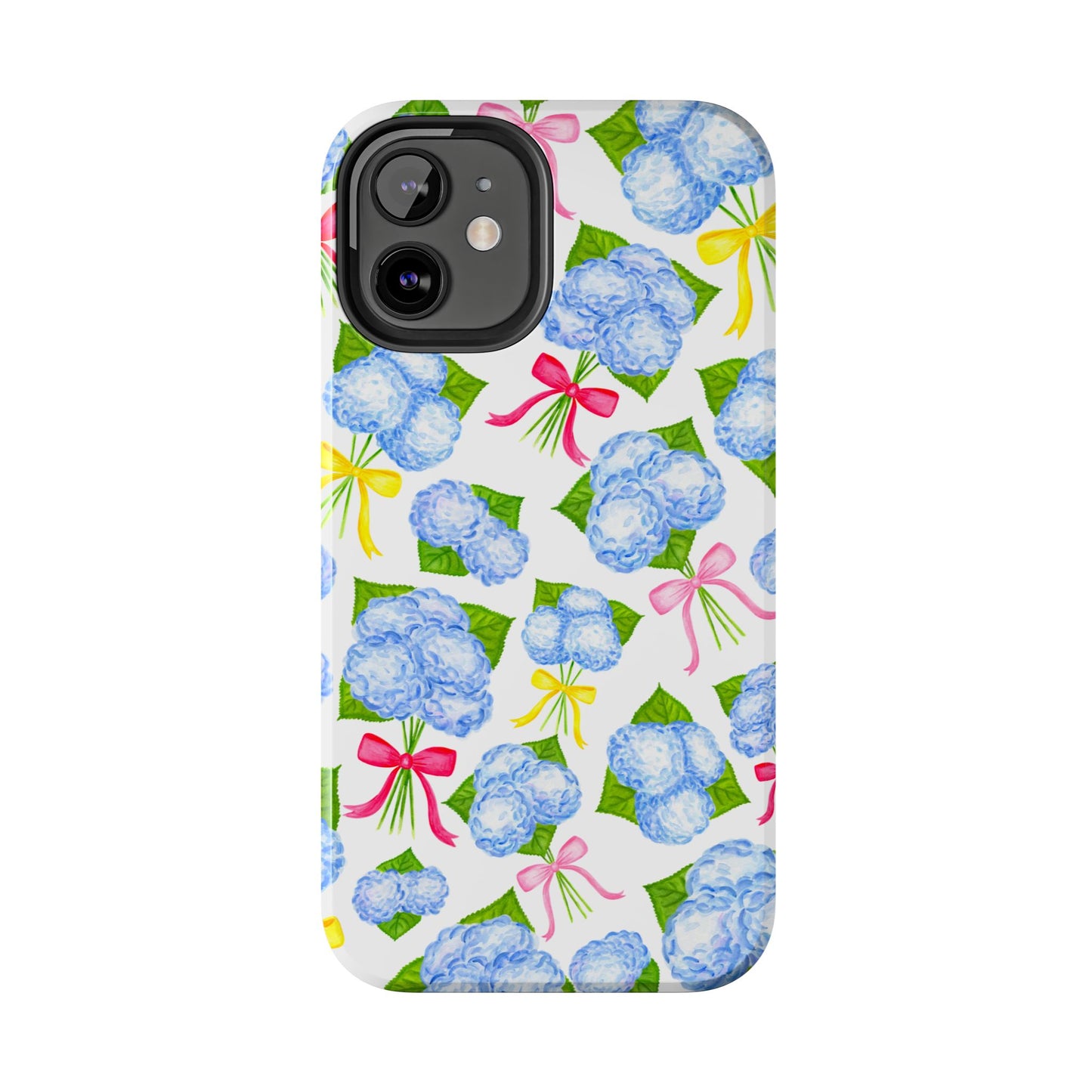 Blue Watercolor Hydrangea Bunches with Hot Pink, Yellow, Light Pink Bows Illustrated Patterned Tough Phone Case | Various Models