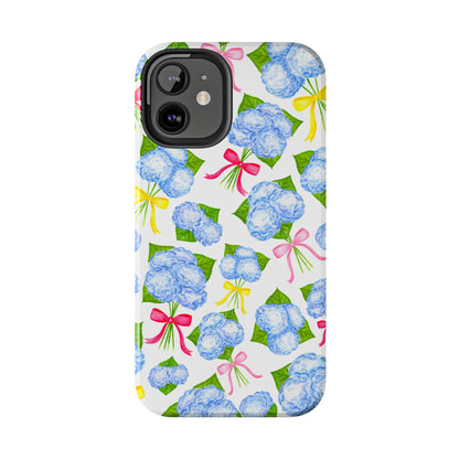 Blue Watercolor Hydrangea Bunches with Hot Pink, Yellow, Light Pink Bows Illustrated Patterned Tough Phone Case | Various Models