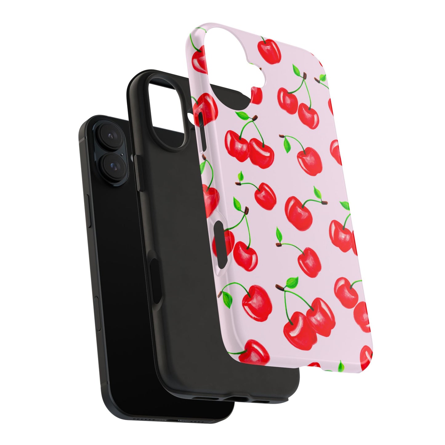 Tossed Red Watercolor Cherries Illustrated Pattern Light Pink Tough Phone Case | Various Models