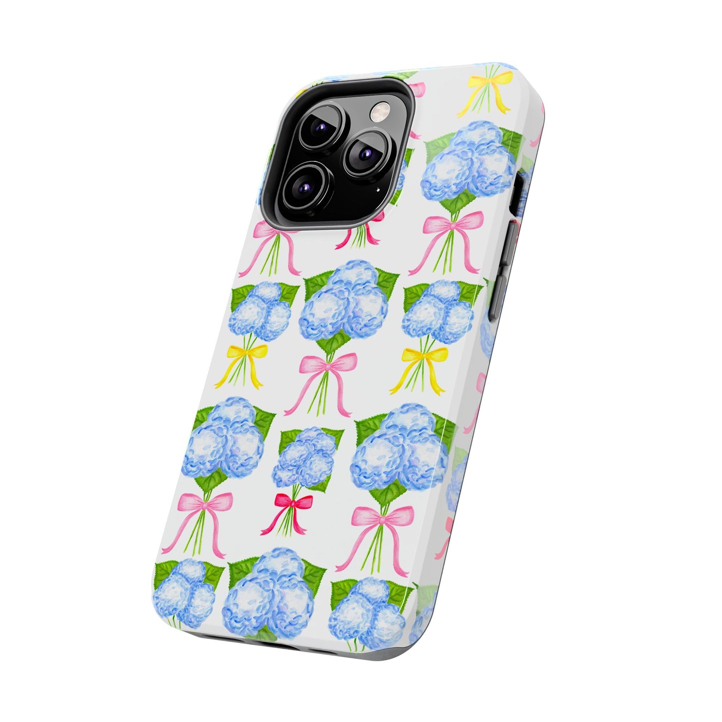 Blue Hydrangeas with Hot Pink, Yellow, Light Pink Bows Watercolor Illustrated Patterned Tough Phone Case | Various Models