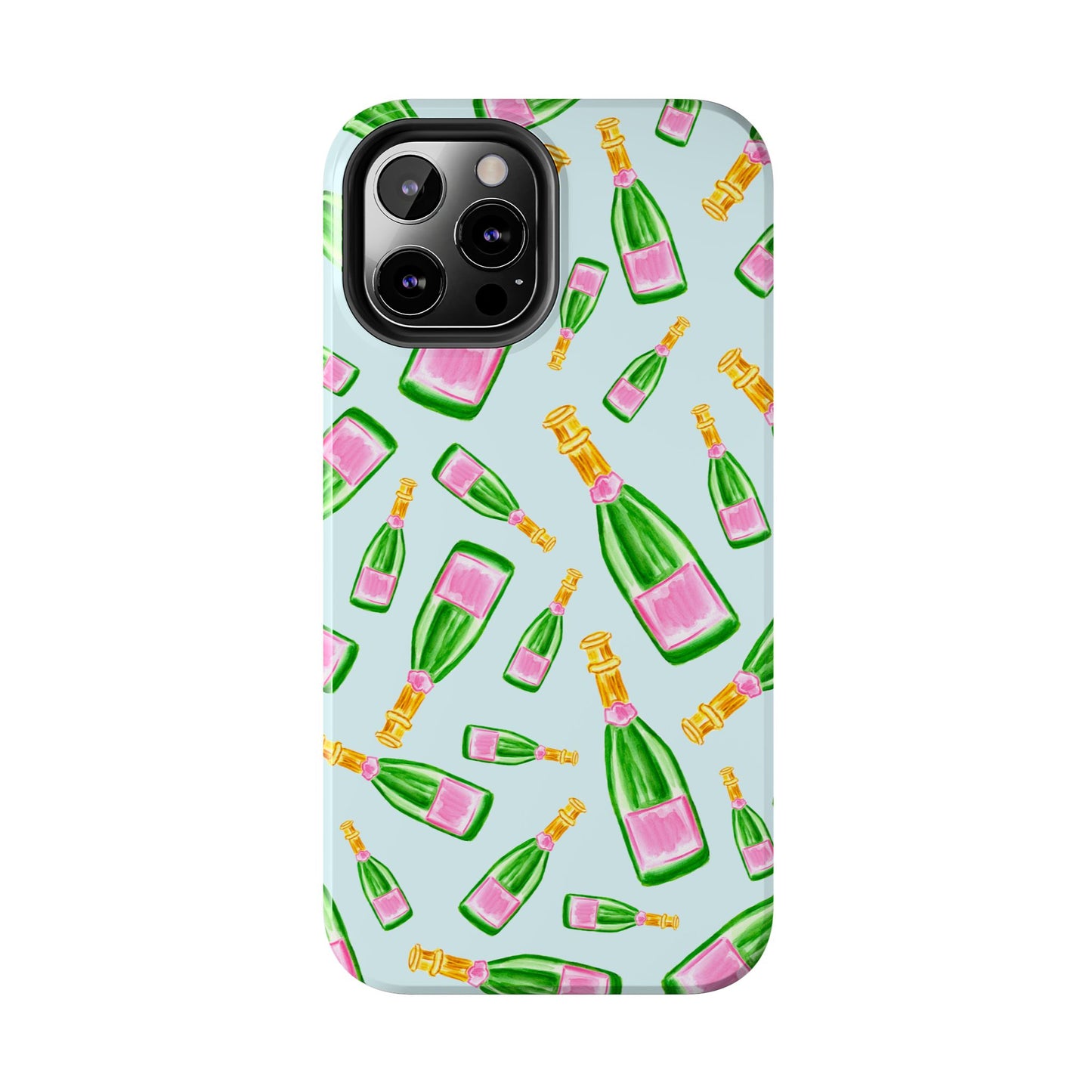 Tossed Pink and Green Watercolor Illustrated Champagne Bottles Pattern Light Blue Tough Phone Case | Various Models