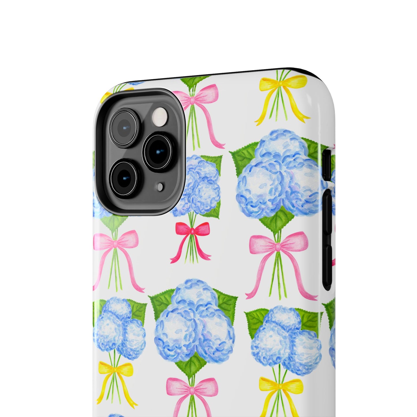 Blue Hydrangeas with Hot Pink, Yellow, Light Pink Bows Watercolor Illustrated Patterned Tough Phone Case | Various Models