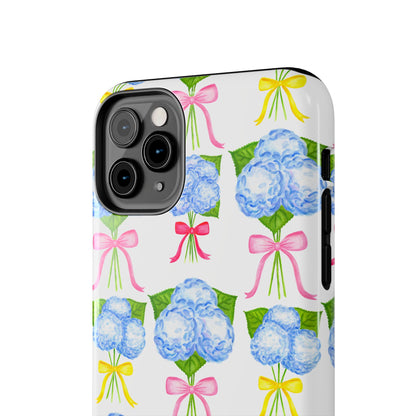 Blue Hydrangeas with Hot Pink, Yellow, Light Pink Bows Watercolor Illustrated Patterned Tough Phone Case | Various Models