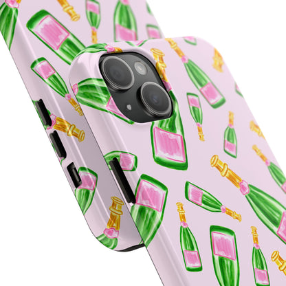 Tossed Pink and Green Watercolor Illustrated Champagne Bottles Pattern Blush Pink Tough Phone Case | Various Models