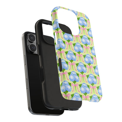 Blue Watercolor Hydrangea Bouquets with Light Pink Bows Watercolor Illustrated Patterned Yellow Tough Phone Case | Various Models