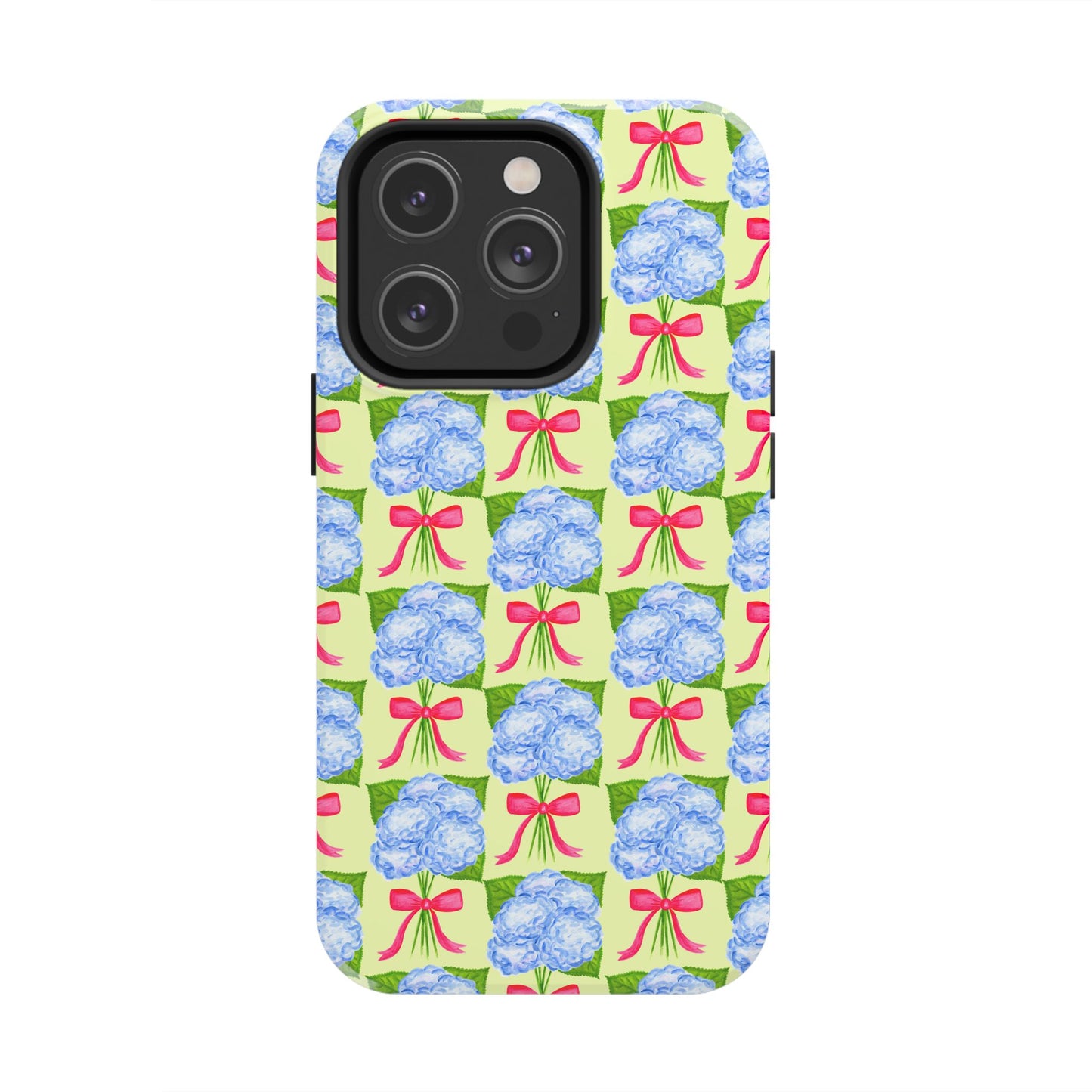 Blue Watercolor Hydrangea Bouquets with Hot Pink Bows Illustrated Patterned Yellow Preppy Grand Millenial Tough Phone Case | Various Models