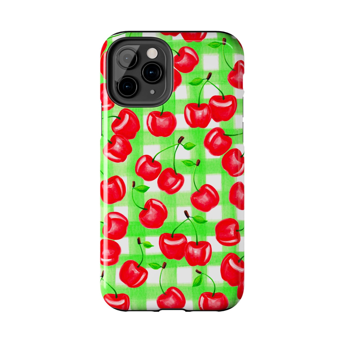 Red Tossed Cherries Green Gingham Watercolor Illustrated Tough Phone Case | Various Models Available