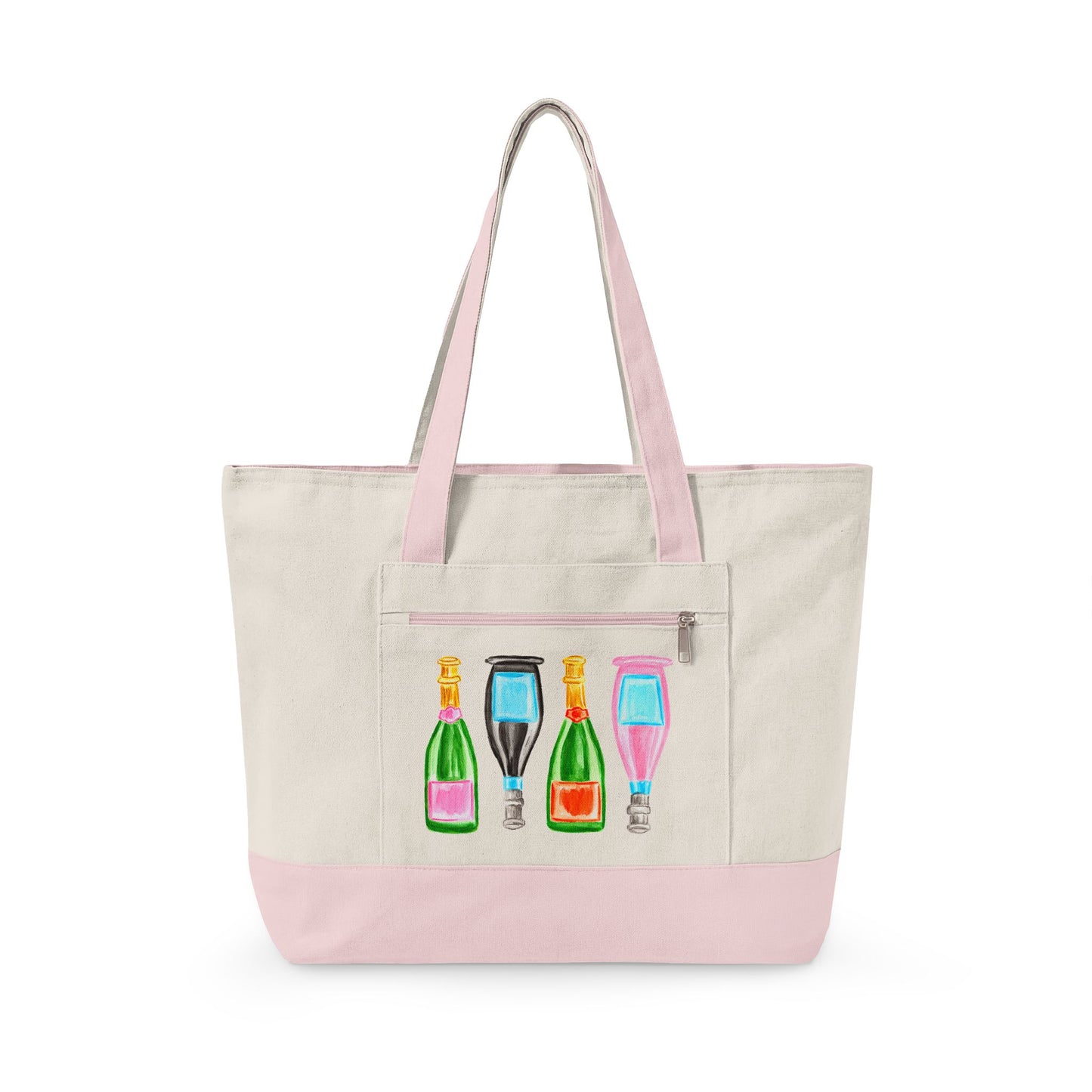 Canvas Book Tote | Pink & Green, Pink & Blue, Orange & Green Champagne Bottles Watercolor Printed Zippered Canvas Tote 18" x 14" | Various Colors