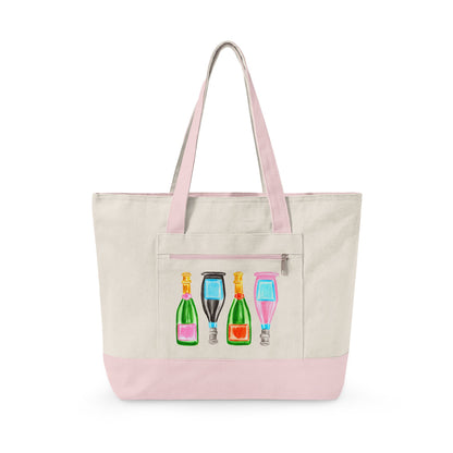 Canvas Book Tote | Pink & Green, Pink & Blue, Orange & Green Champagne Bottles Watercolor Printed Zippered Canvas Tote 18" x 14" | Various Colors