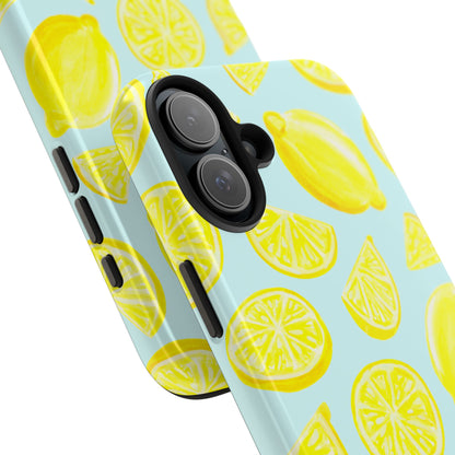Bright Yellow Lemons Watercolor Illustrated Tossed Pattern Light Blue Tough Phone Case | Various Models