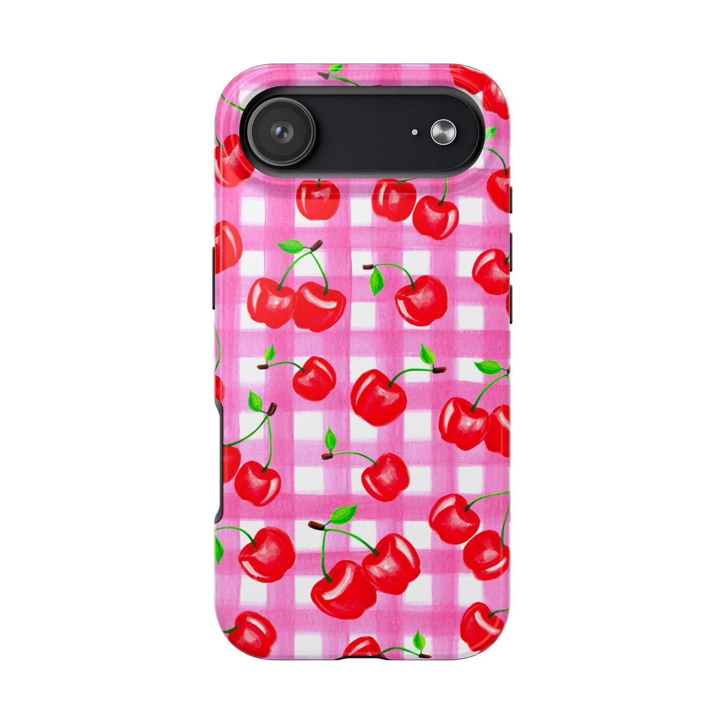 Tossed Red Watercolor Cherries Illustrated Pattern Light Pink Gingham Tough Phone Case | Various Models