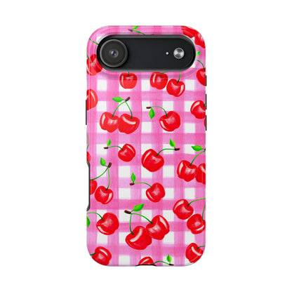 Tossed Red Watercolor Cherries Illustrated Pattern Light Pink Gingham Tough Phone Case | Various Models