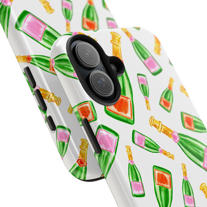 Tossed Pink and Green & Orange and Green Watercolor Illustrated Champagne Bottles Pattern Tough Phone Case | Various Models