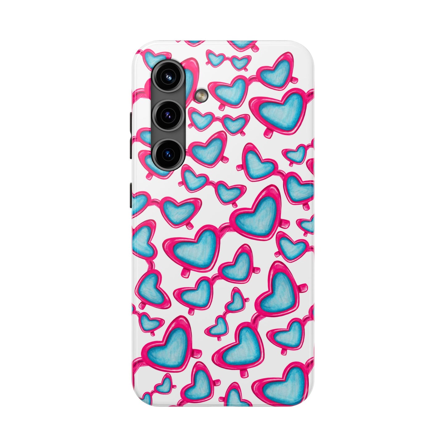 Pink & Blue Heart Shaped Sunglasses Watercolor Illustrated Tossed Pattern Tough Case | Various Models Samsung Galaxy S24
