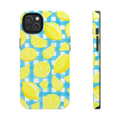 Bright Yellow Lemons Watercolor Illustrated Tossed Pattern Turquoise Gingham Tough Phone Case | Various Models